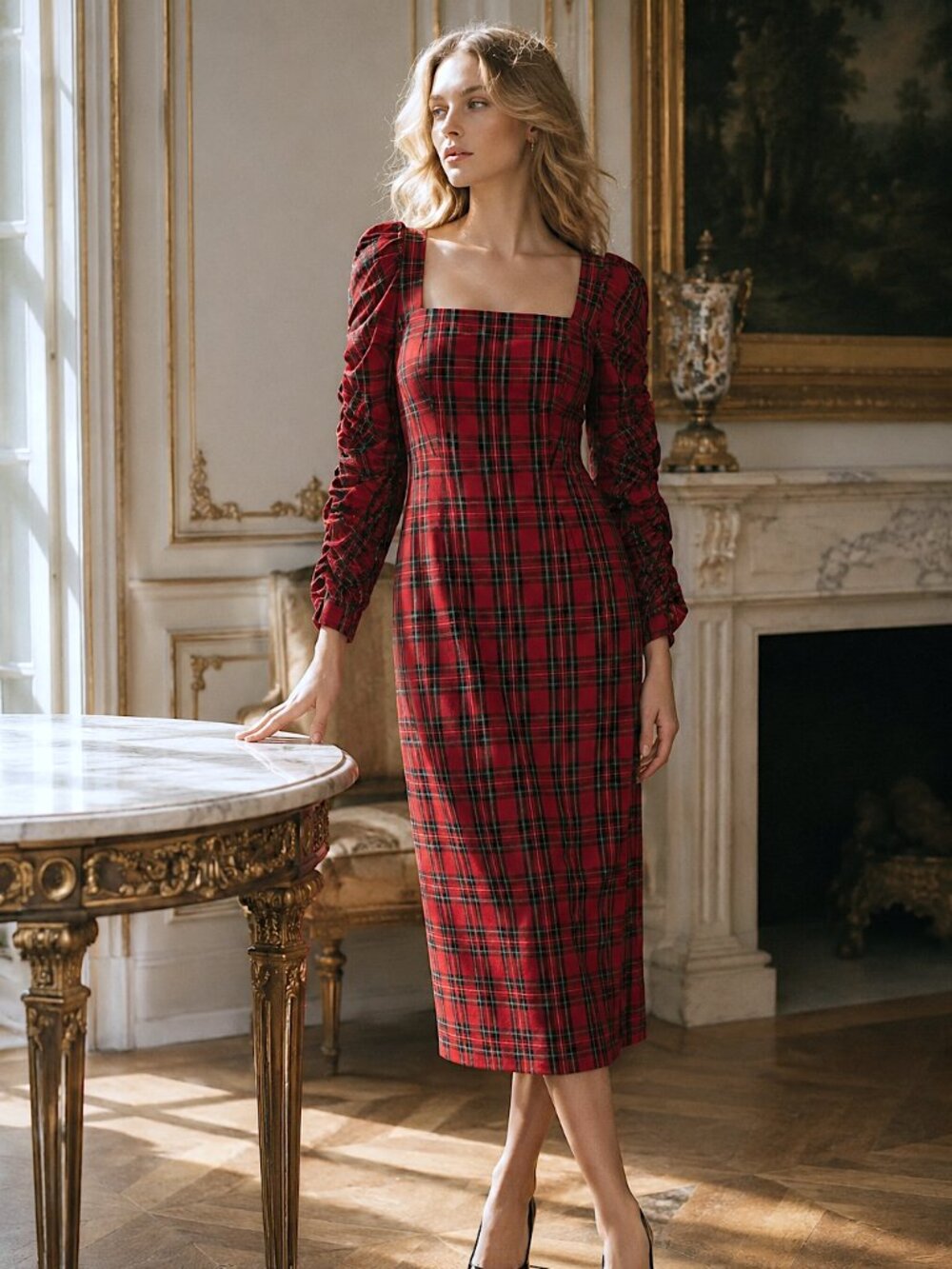Antonio Melani Elena Plaid Tartan Square Neck Ruched Sleeve Midi Dress Size 14